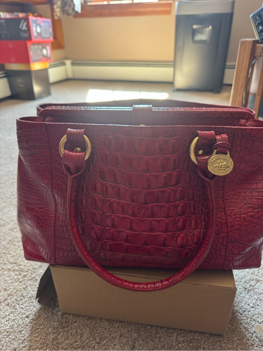 Brahmin Red Croc-Embossed Satchel with Gold Hardware
